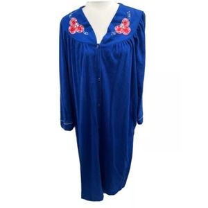 Night Gown Robe It's A Charm Blue Embroidered Full Length House Coat USA Size L